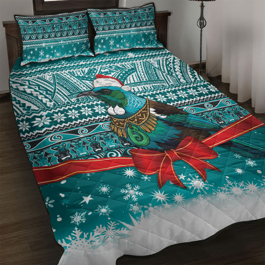 New Zealand Tui Bird Christmas Quilt Bed Set Maori Inspired Knitted Patterns LT9 Turquoise - Polynesian Pride
