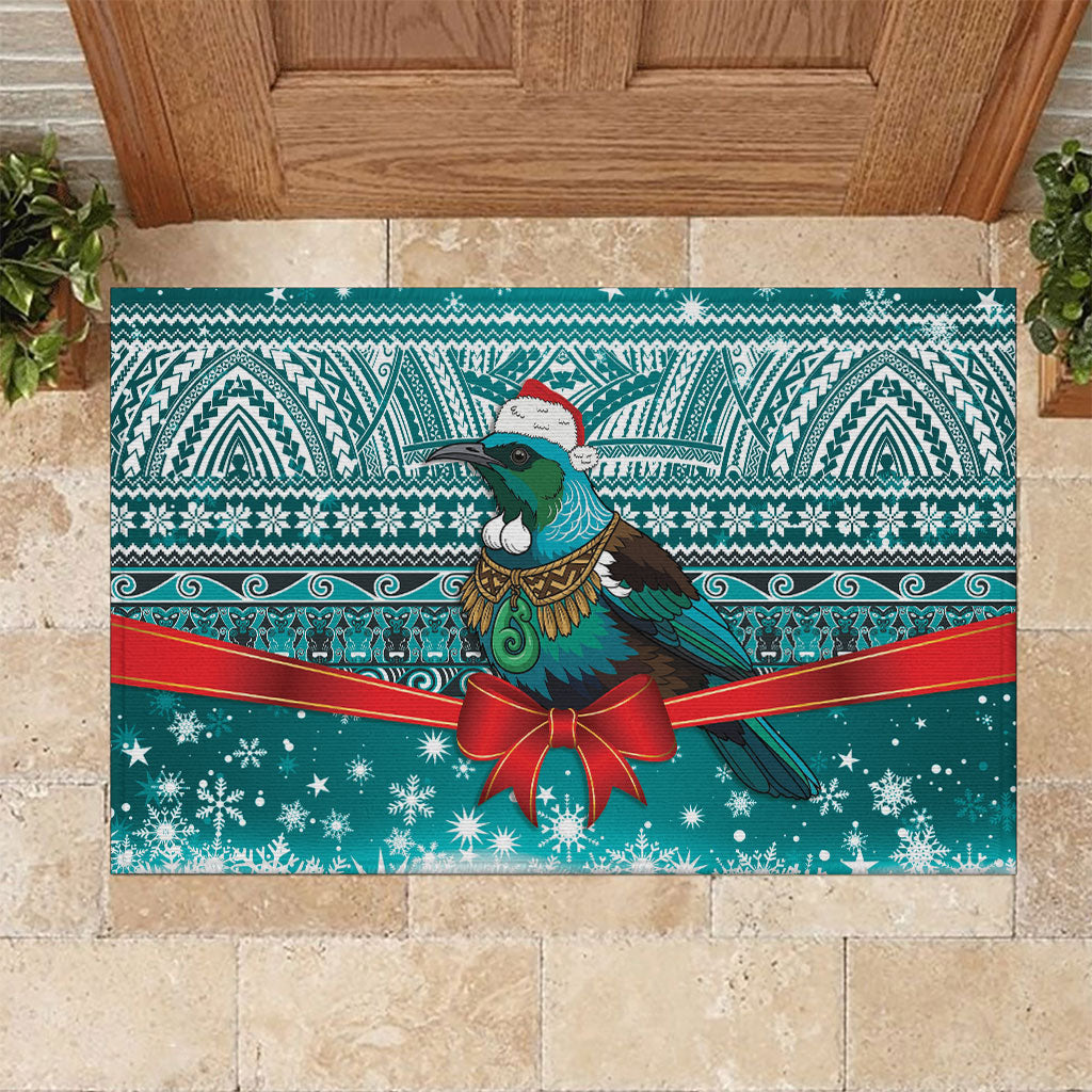 New Zealand Tui Bird Christmas Rubber Doormat Maori Inspired Knitted Patterns LT9 Turquoise - Polynesian Pride