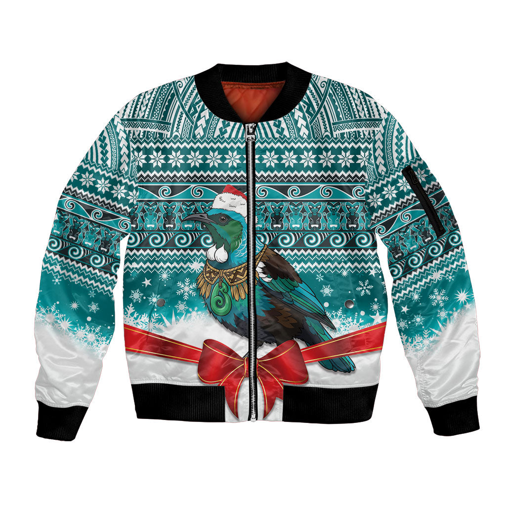 New Zealand Tui Bird Christmas Sleeve Zip Bomber Jacket Maori Inspired Knitted Patterns LT9 Unisex Turquoise - Polynesian Pride