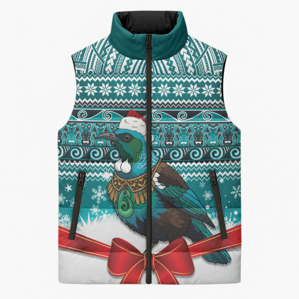 New Zealand Tui Bird Christmas Sleeveless Puffer Jacket Maori Inspired Knitted Patterns LT9 Unisex Turquoise - Polynesian Pride