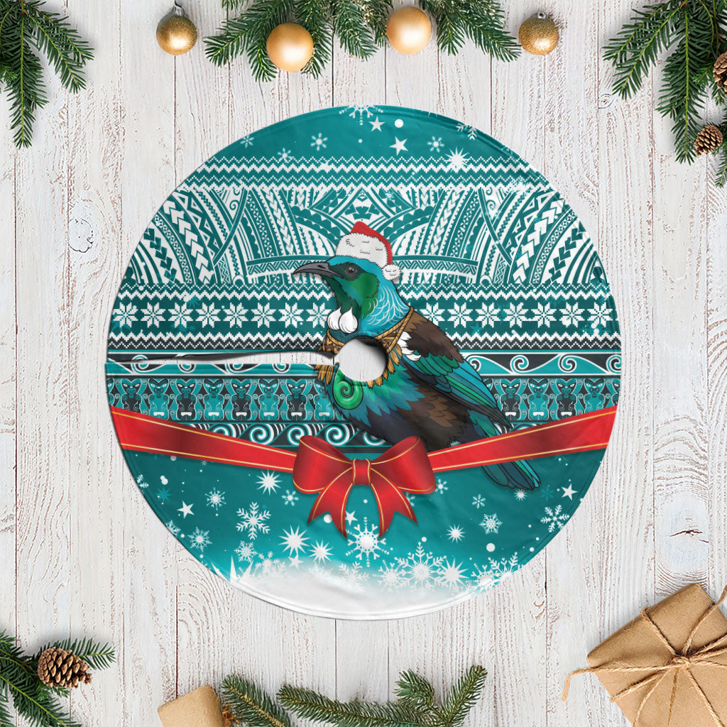 New Zealand Tui Bird Christmas Tree Skirt Maori Inspired Knitted Patterns LT9 Casual Turquoise - Polynesian Pride