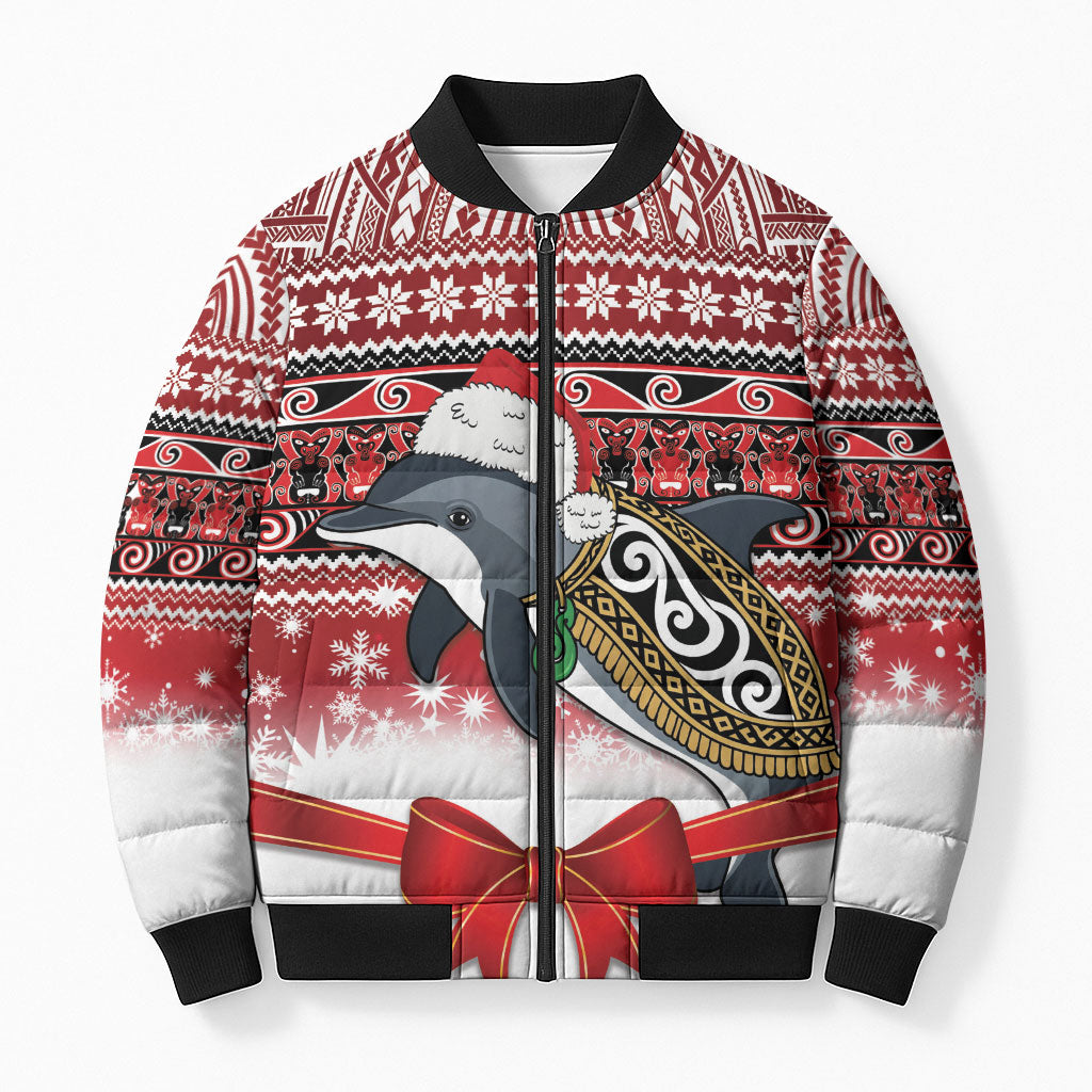 New Zealand Dolphin Terehu Christmas Bomber Puffer Jacket Maori Inspired Knitted Patterns LT9 Unisex Red - Polynesian Pride