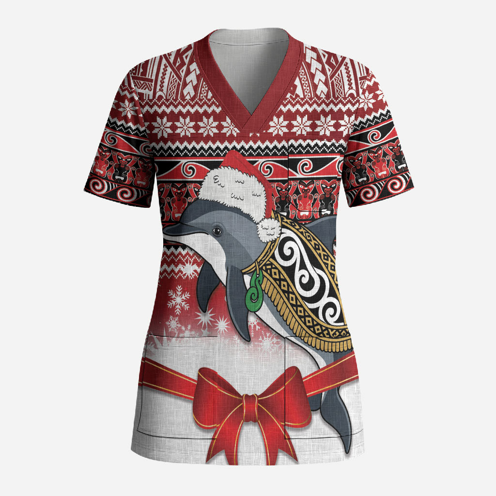 New Zealand Dolphin Terehu Christmas Scrub Top Maori Inspired Knitted Patterns LT9 Adult Red - Polynesian Pride