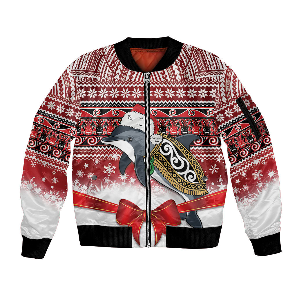 New Zealand Dolphin Terehu Christmas Sleeve Zip Bomber Jacket Maori Inspired Knitted Patterns LT9 Unisex Red - Polynesian Pride