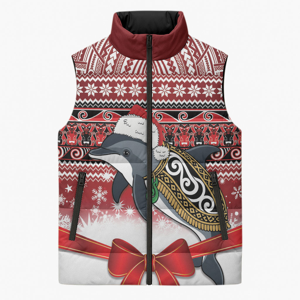 New Zealand Dolphin Terehu Christmas Sleeveless Puffer Jacket Maori Inspired Knitted Patterns LT9 Unisex Red - Polynesian Pride