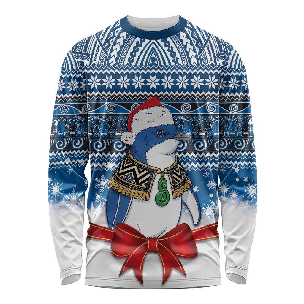 New Zealand Fairy Penguin Korora Christmas Long Sleeve Shirt Maori Inspired Knitted Patterns LT9 Unisex Blue - Polynesian Pride