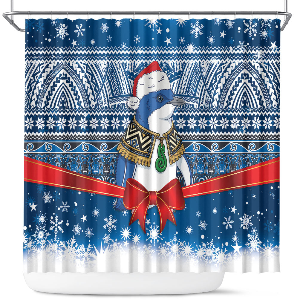 New Zealand Fairy Penguin Korora Christmas Shower Curtain Maori Inspired Knitted Patterns LT9 Blue - Polynesian Pride