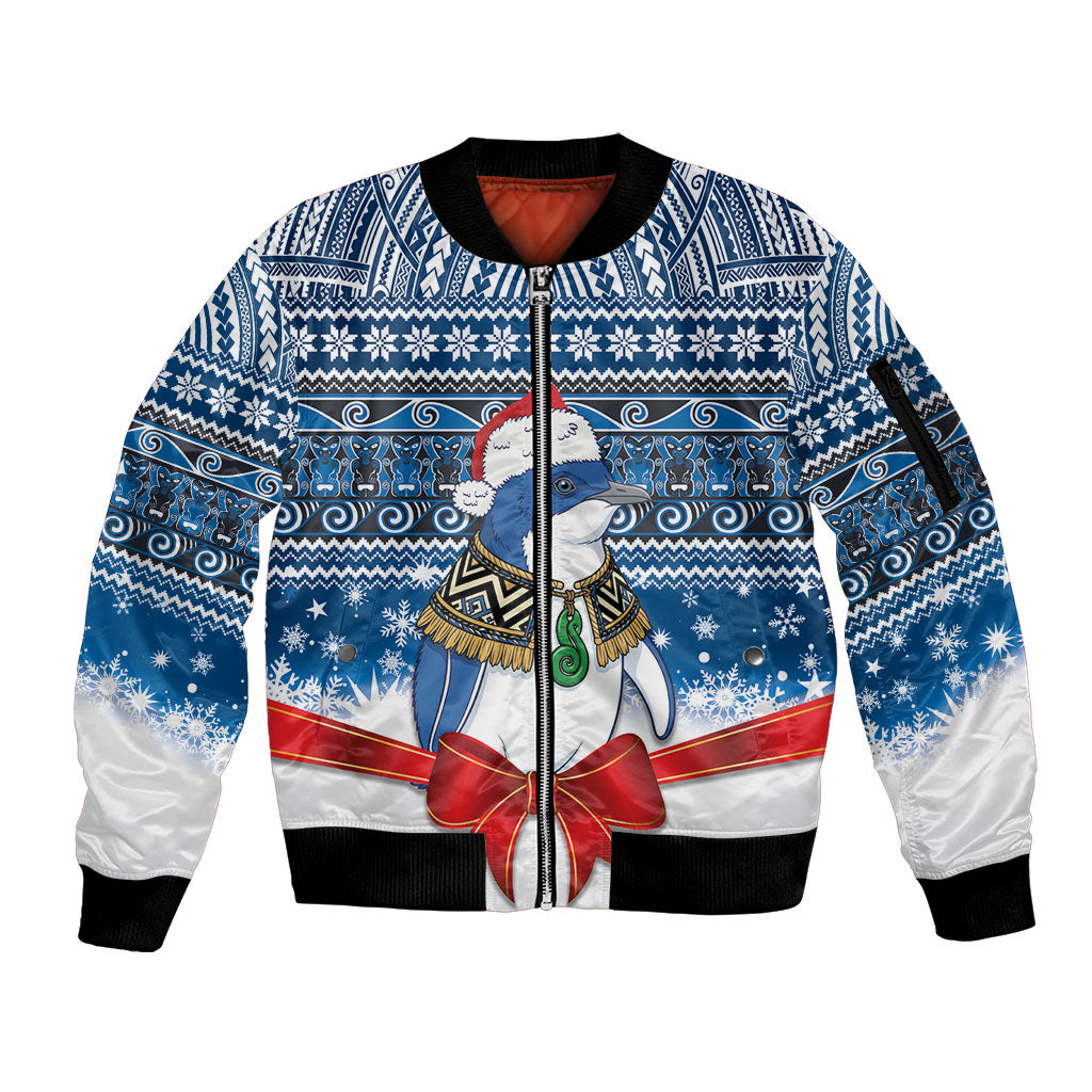 New Zealand Fairy Penguin Korora Christmas Sleeve Zip Bomber Jacket Maori Inspired Knitted Patterns LT9 Unisex Blue - Polynesian Pride