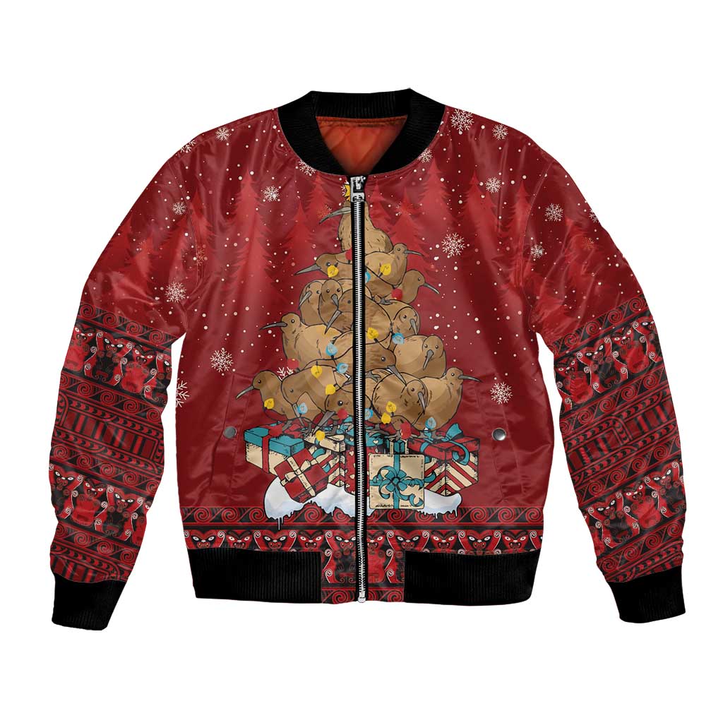 Funny Kiwi Bird Xmas Tree Bomber Jacket New Zealand Tribal Christmas Spirit - Polynesian Pride