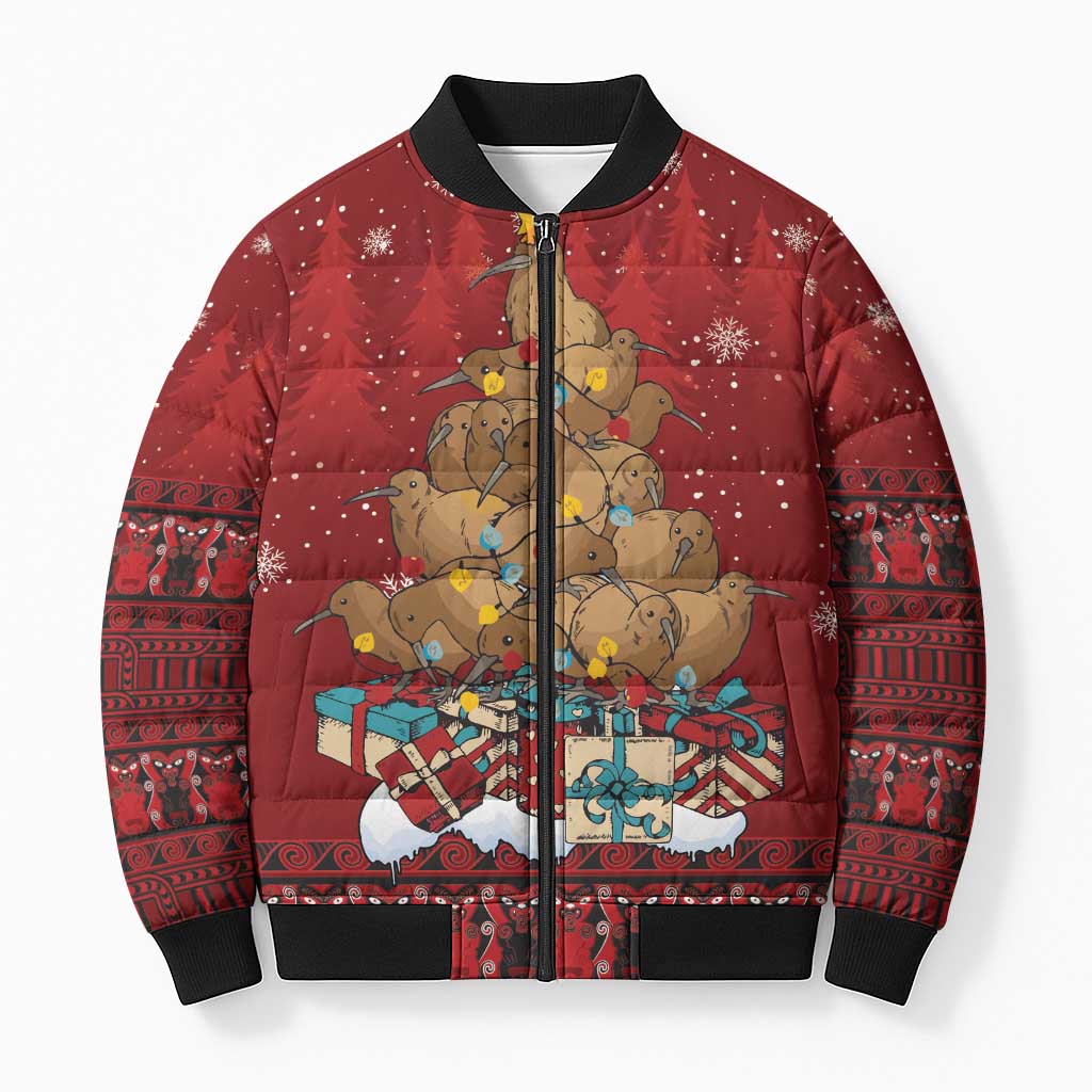 Funny Kiwi Bird Xmas Tree Bomber Puffer Jacket New Zealand Tribal Christmas Spirit - Polynesian Pride