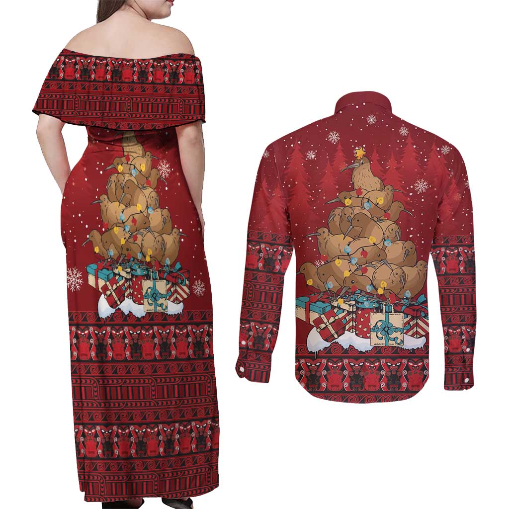 Funny Kiwi Bird Xmas Tree Couples Matching Off Shoulder Maxi Dress and Long Sleeve Button Shirt New Zealand Tribal Christmas Spirit - Polynesian Pride