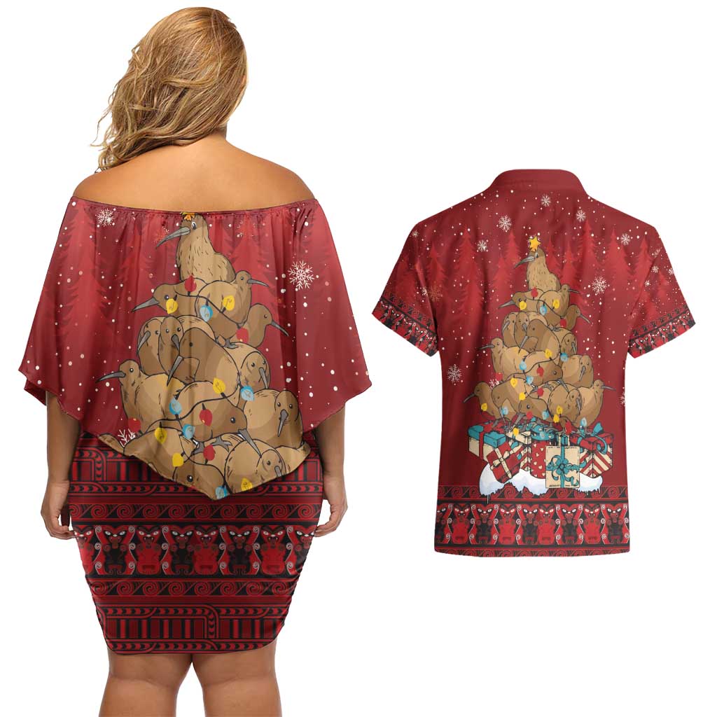 Funny Kiwi Bird Xmas Tree Couples Matching Off Shoulder Short Dress and Hawaiian Shirt New Zealand Tribal Christmas Spirit - Polynesian Pride