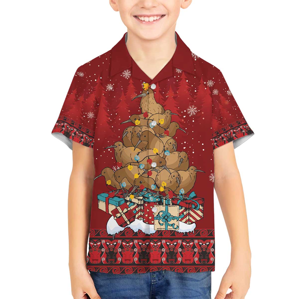 Funny Kiwi Bird Xmas Tree Family Matching Off The Shoulder Long Sleeve Dress and Hawaiian Shirt New Zealand Tribal Christmas Spirit - Polynesian Pride