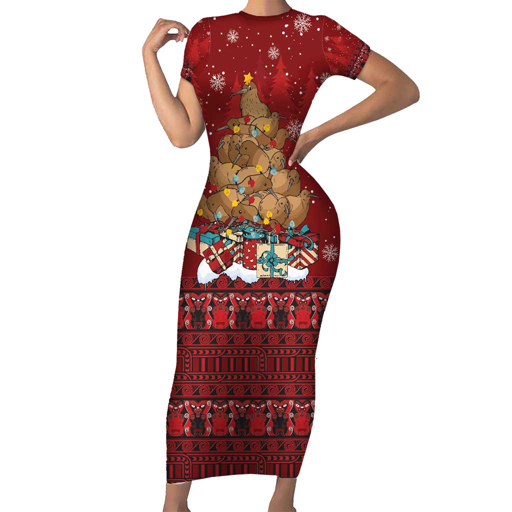 Funny Kiwi Bird Xmas Tree Family Matching Short Sleeve Bodycon Dress and Hawaiian Shirt New Zealand Tribal Christmas Spirit - Polynesian Pride