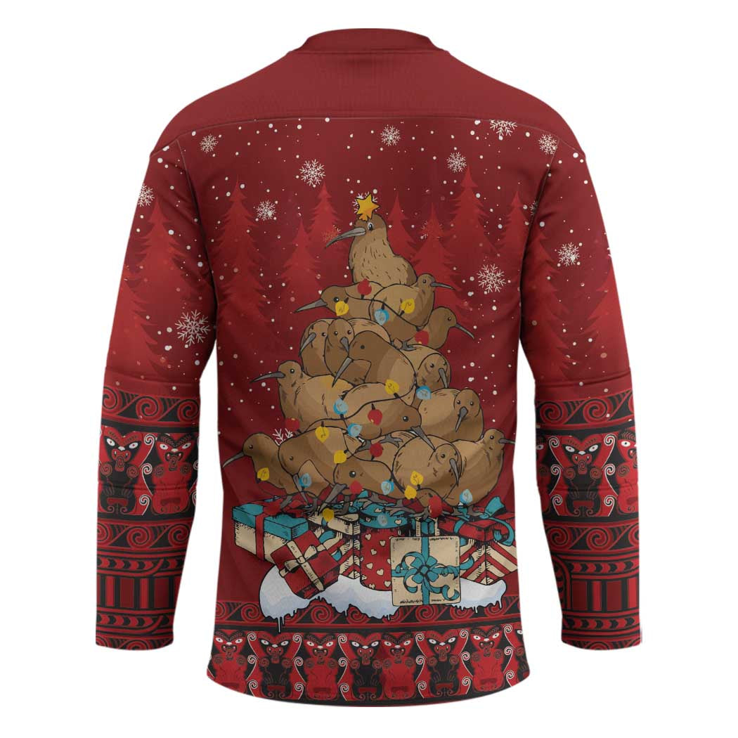 Funny Kiwi Bird Xmas Tree Hockey Jersey New Zealand Tribal Christmas Spirit - Polynesian Pride