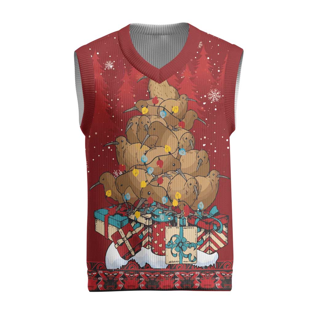 Funny Kiwi Bird Xmas Tree Christmas Knitted V-Neck Vest New Zealand Tribal Christmas Spirit - Polynesian Pride