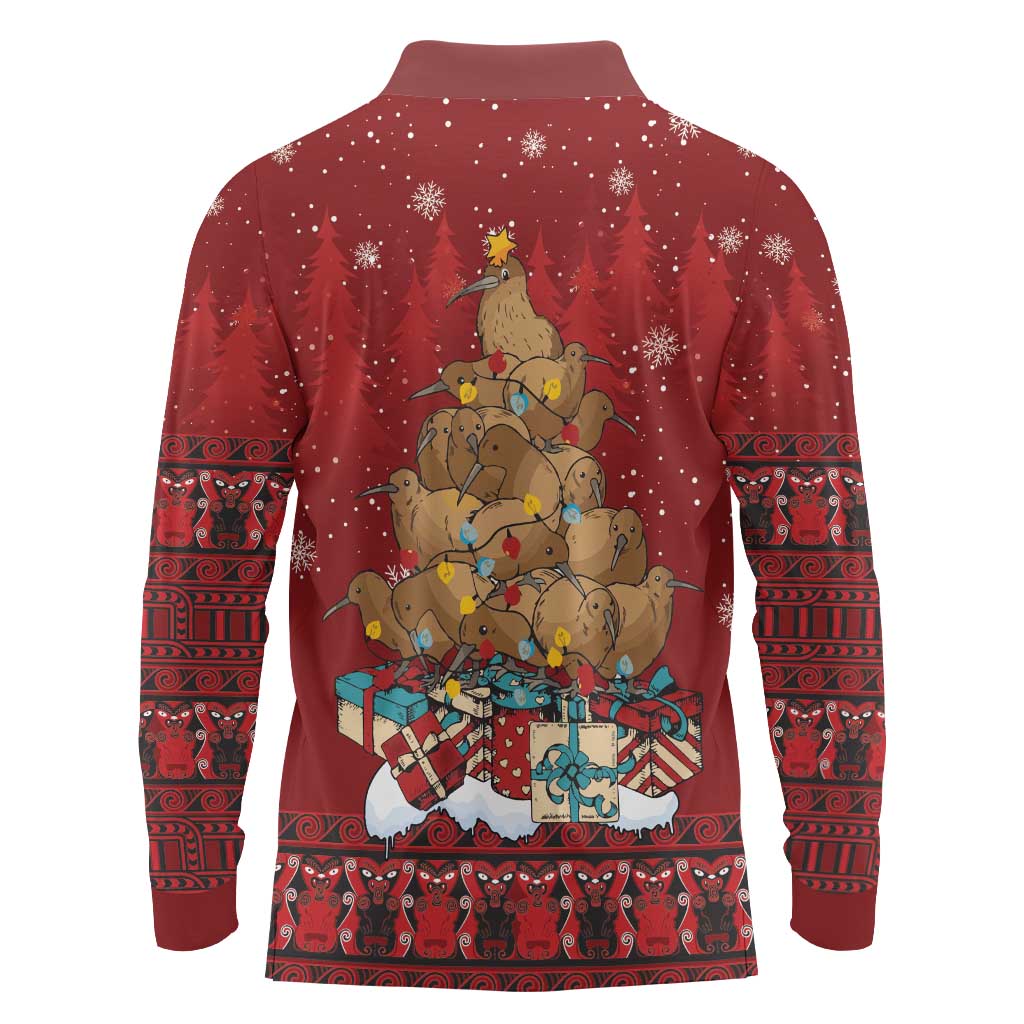 Funny Kiwi Bird Xmas Tree Long Sleeve Polo Shirt New Zealand Tribal Christmas Spirit - Polynesian Pride