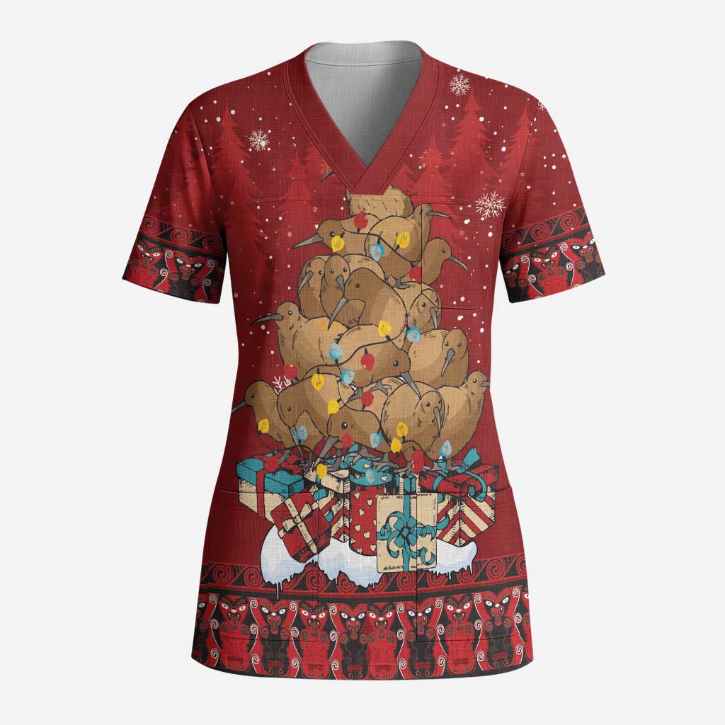 Funny Kiwi Bird Xmas Tree Scrub Top New Zealand Tribal Christmas Spirit - Polynesian Pride