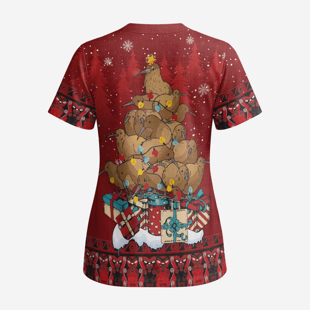 Funny Kiwi Bird Xmas Tree Scrub Top New Zealand Tribal Christmas Spirit - Polynesian Pride