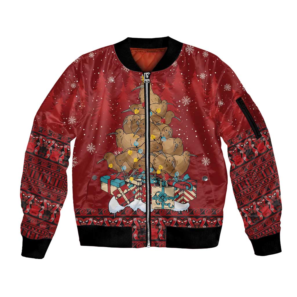 Funny Kiwi Bird Xmas Tree Sleeve Zip Bomber Jacket New Zealand Tribal Christmas Spirit - Polynesian Pride