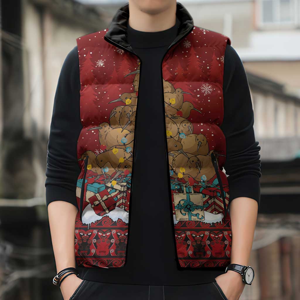Funny Kiwi Bird Xmas Tree Sleeveless Puffer Jacket New Zealand Tribal Christmas Spirit - Polynesian Pride