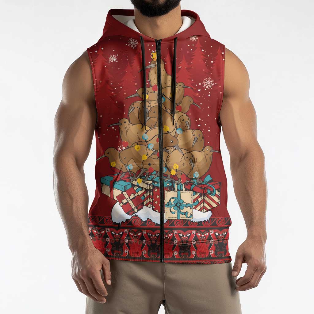 Funny Kiwi Bird Xmas Tree Sleeveless Zip Hoodie New Zealand Tribal Christmas Spirit - Polynesian Pride