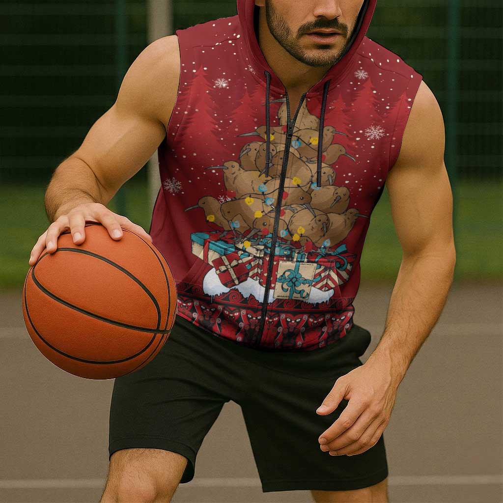 Funny Kiwi Bird Xmas Tree Sleeveless Zip Hoodie New Zealand Tribal Christmas Spirit - Polynesian Pride