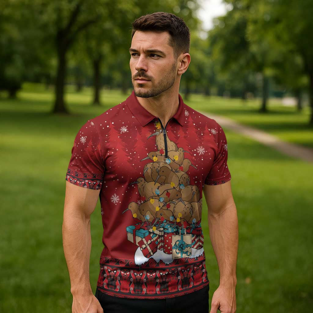 Funny Kiwi Bird Xmas Tree Zipper Polo Shirt New Zealand Tribal Christmas Spirit - Polynesian Pride