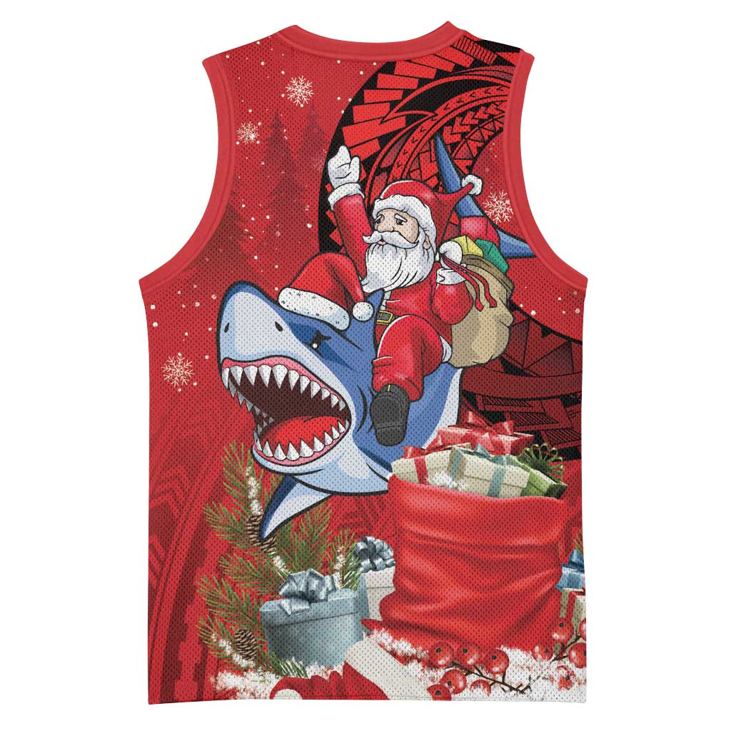 Funny Santa Riding Shark Basketball Jersey Polynesian Tribal Christmas Spirit - Polynesian Pride