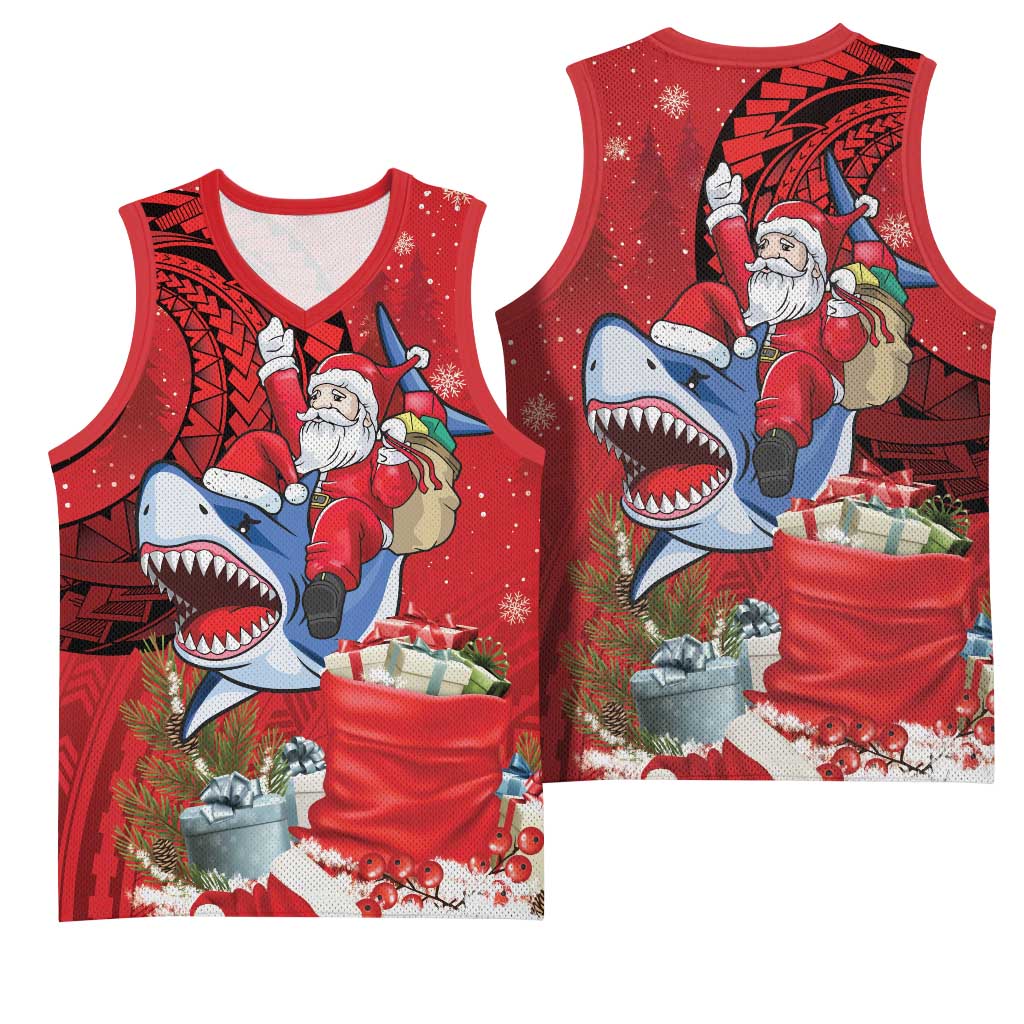Funny Santa Riding Shark Basketball Jersey Polynesian Tribal Christmas Spirit - Polynesian Pride