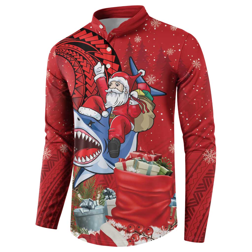 Funny Santa Riding Shark Button Sweatshirt Polynesian Tribal Christmas Spirit - Polynesian Pride