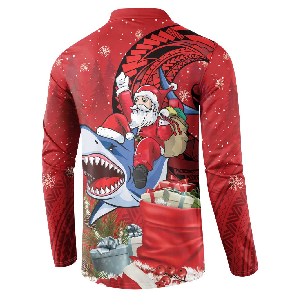 Funny Santa Riding Shark Button Sweatshirt Polynesian Tribal Christmas Spirit - Polynesian Pride