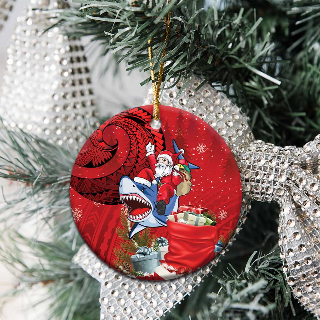 Funny Santa Riding Shark Ceramic Ornament Polynesian Tribal Christmas Spirit - Polynesian Pride