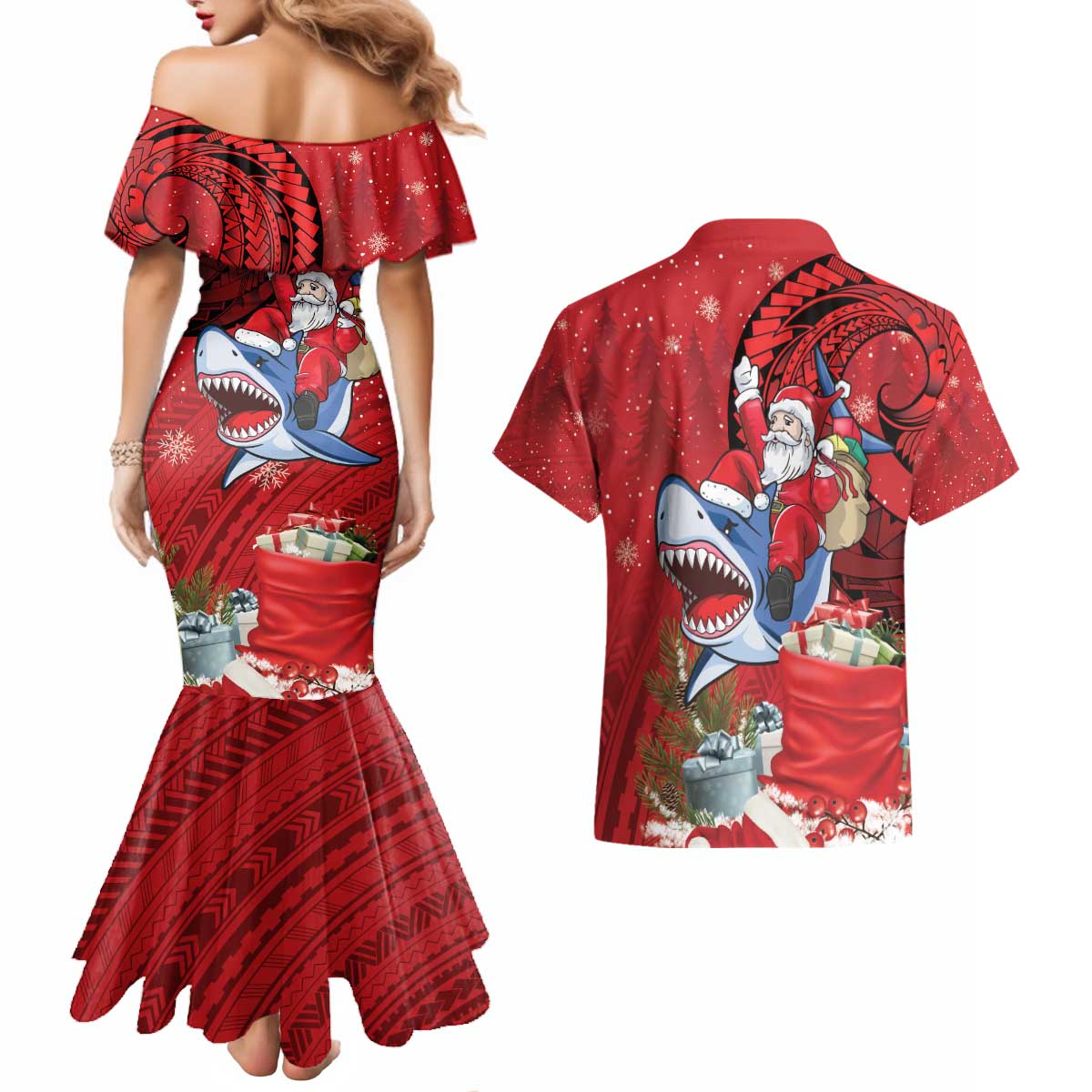 Funny Santa Riding Shark Couples Matching Mermaid Dress and Hawaiian Shirt Polynesian Tribal Christmas Spirit - Polynesian Pride