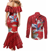 Funny Santa Riding Shark Couples Matching Mermaid Dress and Long Sleeve Button Shirt Polynesian Tribal Christmas Spirit - Polynesian Pride