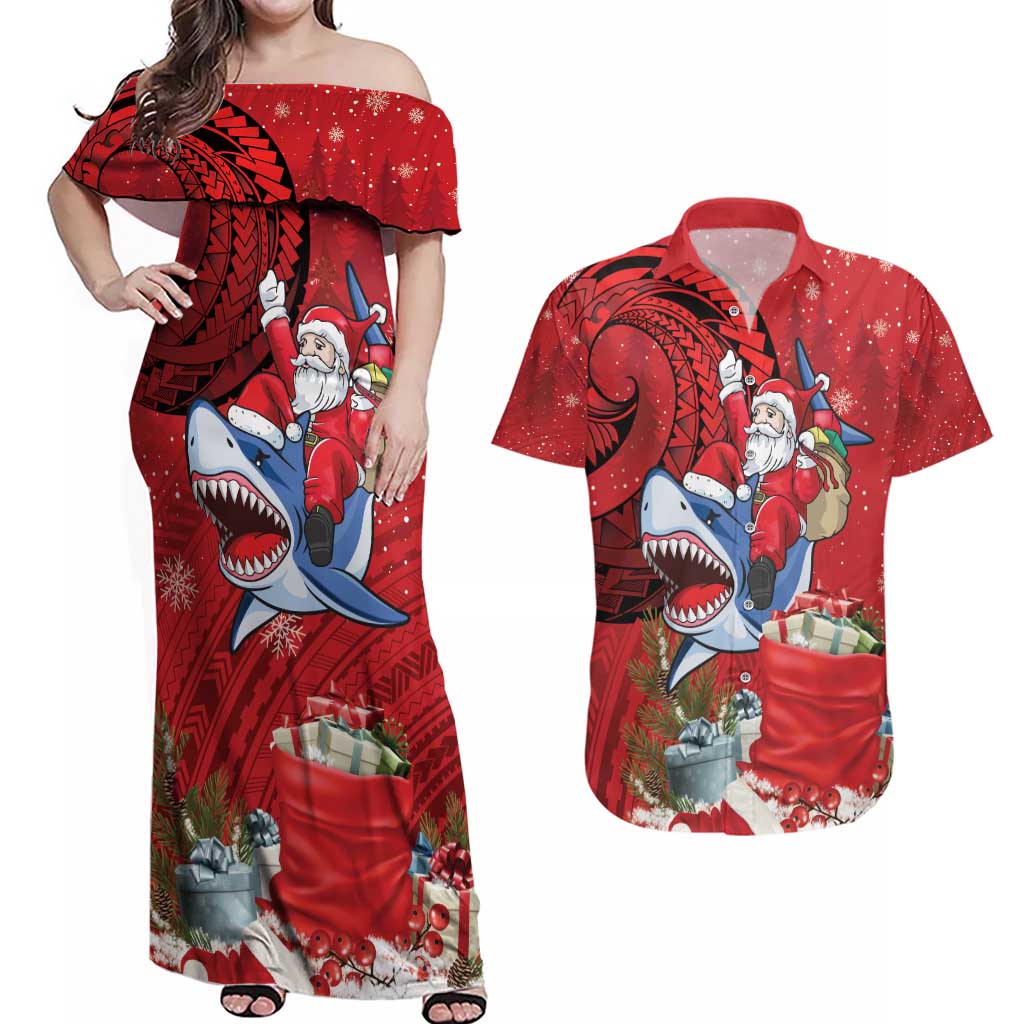 Funny Santa Riding Shark Couples Matching Off Shoulder Maxi Dress and Hawaiian Shirt Polynesian Tribal Christmas Spirit - Polynesian Pride