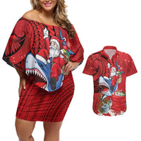 Funny Santa Riding Shark Couples Matching Off Shoulder Short Dress and Hawaiian Shirt Polynesian Tribal Christmas Spirit - Polynesian Pride