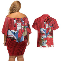 Funny Santa Riding Shark Couples Matching Off Shoulder Short Dress and Hawaiian Shirt Polynesian Tribal Christmas Spirit - Polynesian Pride