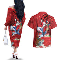 Funny Santa Riding Shark Couples Matching Off The Shoulder Long Sleeve Dress and Hawaiian Shirt Polynesian Tribal Christmas Spirit - Polynesian Pride