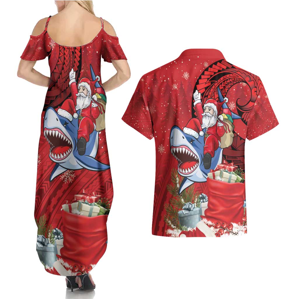 Funny Santa Riding Shark Couples Matching Summer Maxi Dress and Hawaiian Shirt Polynesian Tribal Christmas Spirit - Polynesian Pride