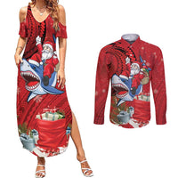 Funny Santa Riding Shark Couples Matching Summer Maxi Dress and Long Sleeve Button Shirt Polynesian Tribal Christmas Spirit - Polynesian Pride