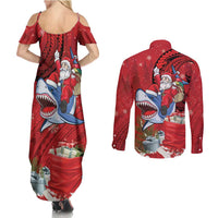 Funny Santa Riding Shark Couples Matching Summer Maxi Dress and Long Sleeve Button Shirt Polynesian Tribal Christmas Spirit - Polynesian Pride