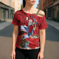 Funny Santa Riding Shark Cross Shoulder Shirt Polynesian Tribal Christmas Spirit - Polynesian Pride