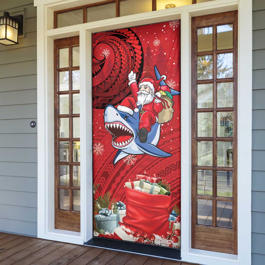 Funny Santa Riding Shark Door Cover Polynesian Tribal Christmas Spirit - Polynesian Pride