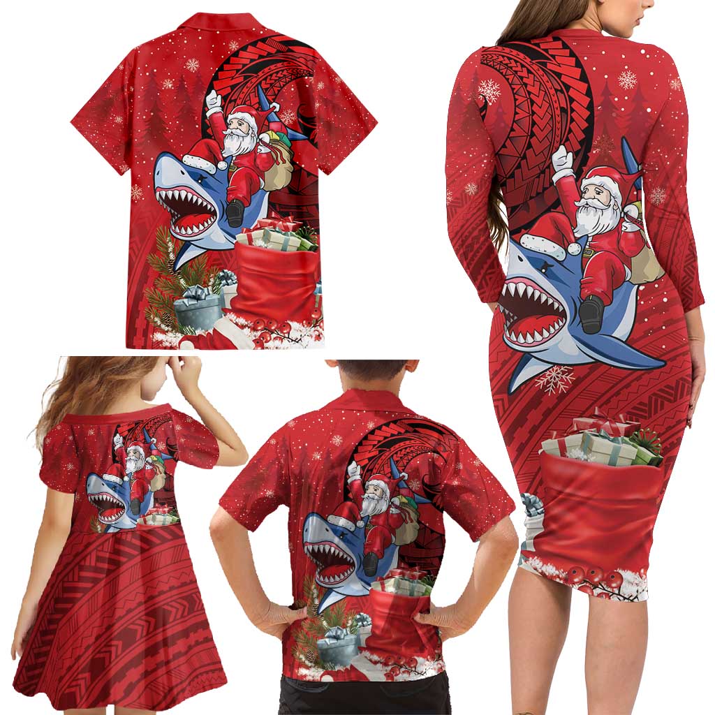 Funny Santa Riding Shark Family Matching Long Sleeve Bodycon Dress and Hawaiian Shirt Polynesian Tribal Christmas Spirit - Polynesian Pride