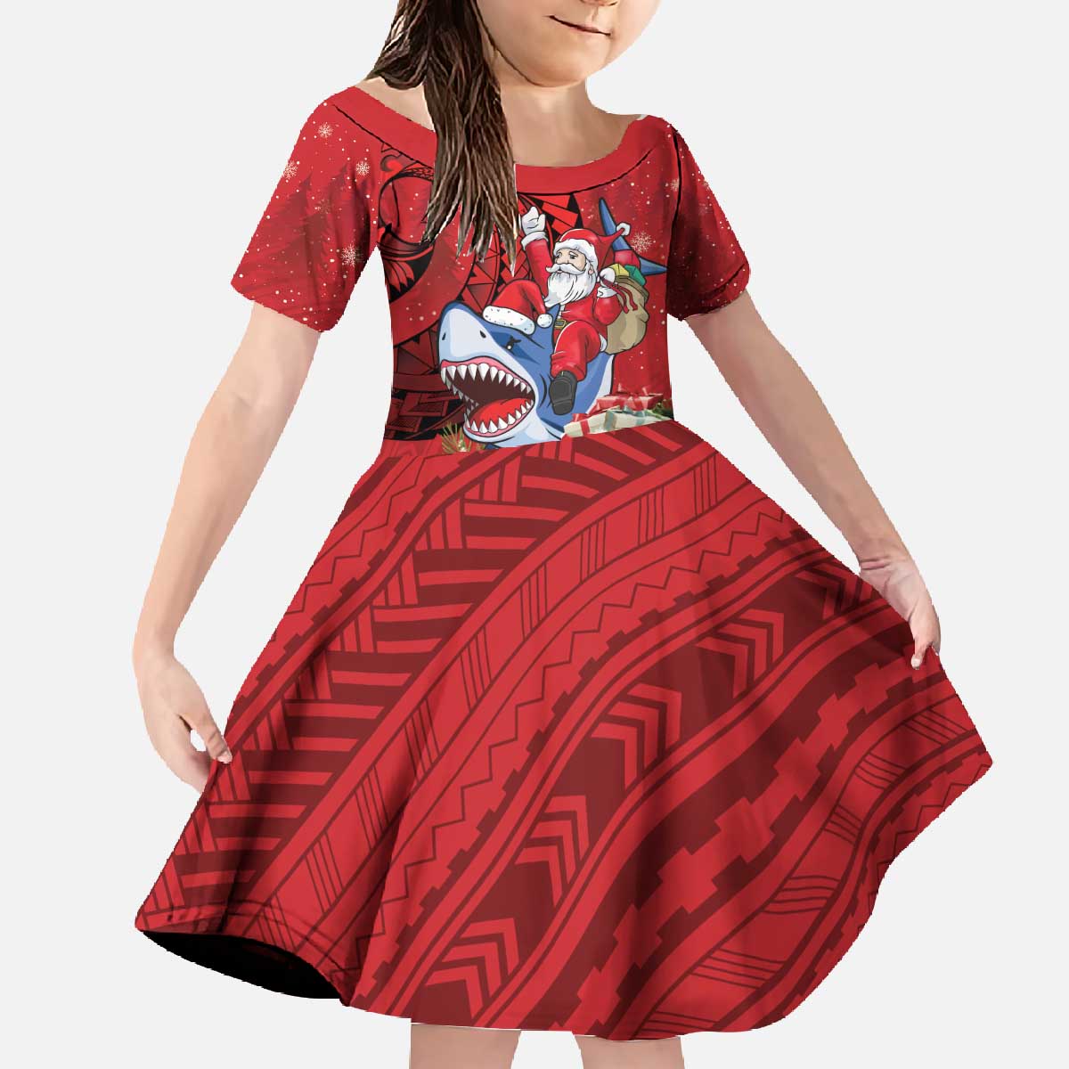 Funny Santa Riding Shark Family Matching Off The Shoulder Long Sleeve Dress and Hawaiian Shirt Polynesian Tribal Christmas Spirit - Polynesian Pride