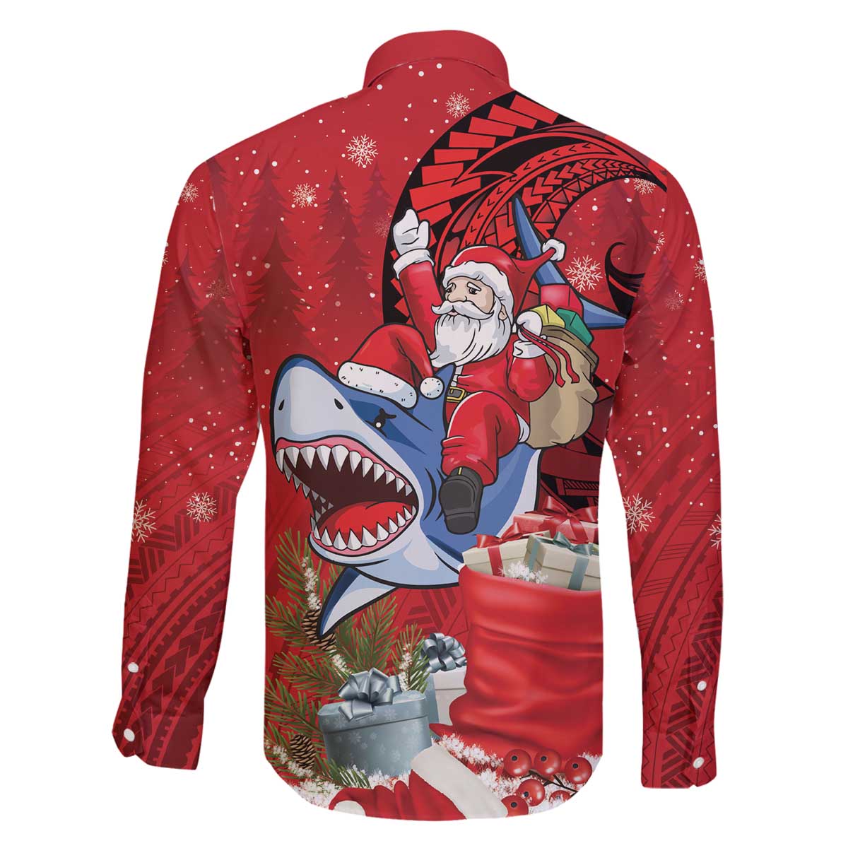 Funny Santa Riding Shark Family Matching Off The Shoulder Long Sleeve Dress and Hawaiian Shirt Polynesian Tribal Christmas Spirit - Polynesian Pride