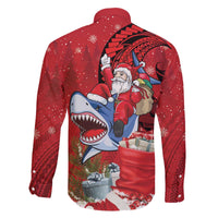 Funny Santa Riding Shark Family Matching Off The Shoulder Long Sleeve Dress and Hawaiian Shirt Polynesian Tribal Christmas Spirit - Polynesian Pride