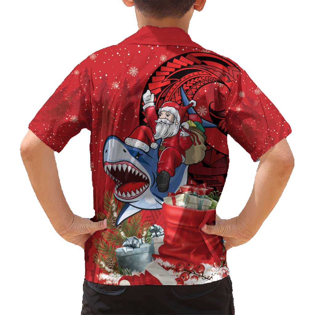 Funny Santa Riding Shark Family Matching Off Shoulder Maxi Dress and Hawaiian Shirt Polynesian Tribal Christmas Spirit - Polynesian Pride