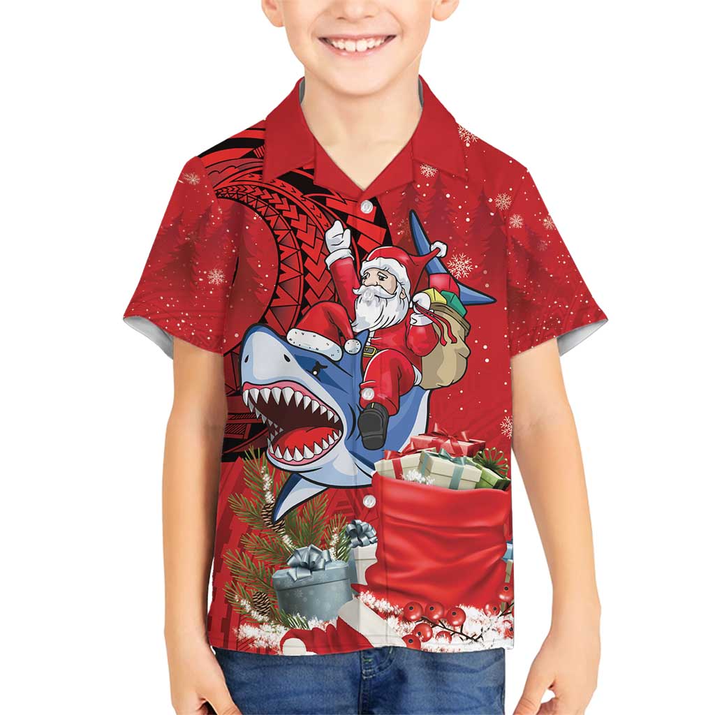 Funny Santa Riding Shark Family Matching Off Shoulder Maxi Dress and Hawaiian Shirt Polynesian Tribal Christmas Spirit - Polynesian Pride